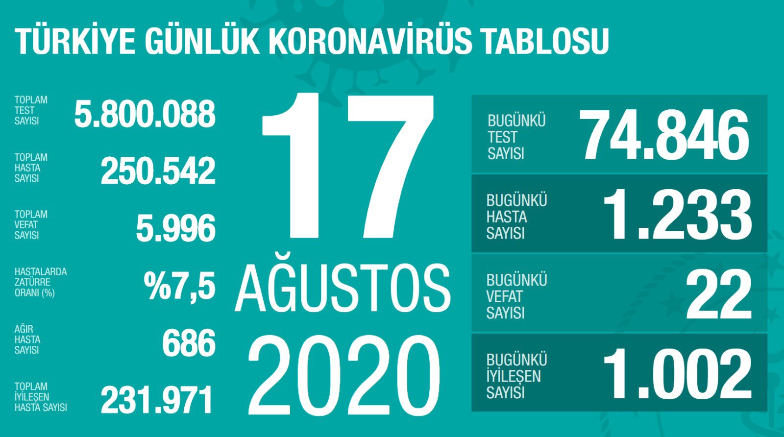 Türkiye 17 Ağustos koronavirüs tablosu