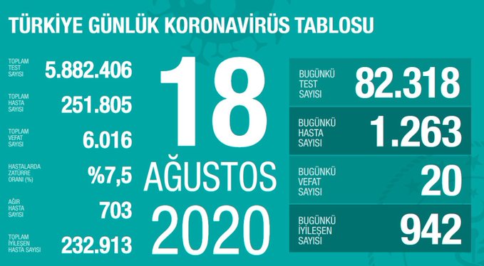 Türkiye 18 Ağustos koronavirüs tablosu