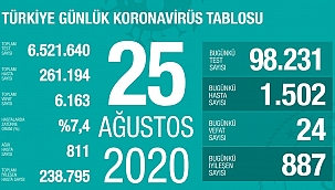 Türkiye 25 Ağustos koronavirüs tablosu
