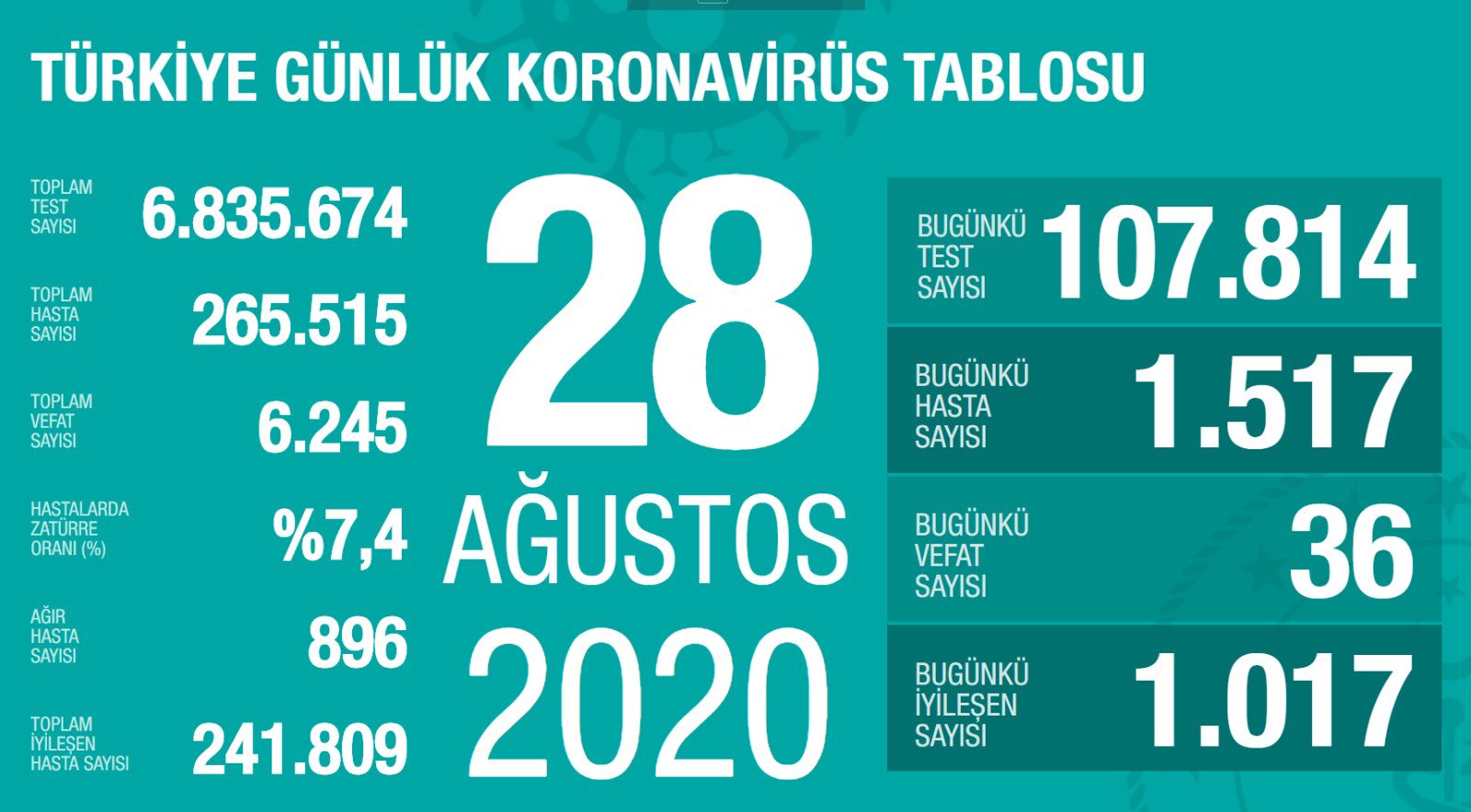 Türkiye 28 Ağustos koronavirüs tablosu