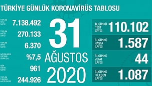 Türkiye 31 Ağustos Koronavirüs tablosu