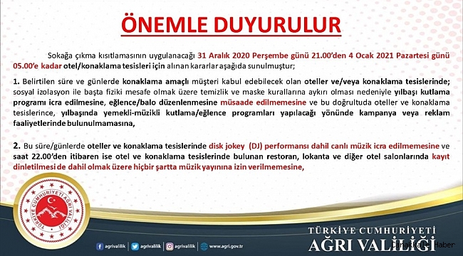 Ağrı&#039;da otellerde yılbaşı kutlama programları yasaklandı
