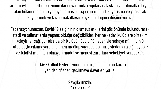 Beşiktaş&#039;tan, TFF&#039;nin hükmen mağlubiyet kararına tepki
