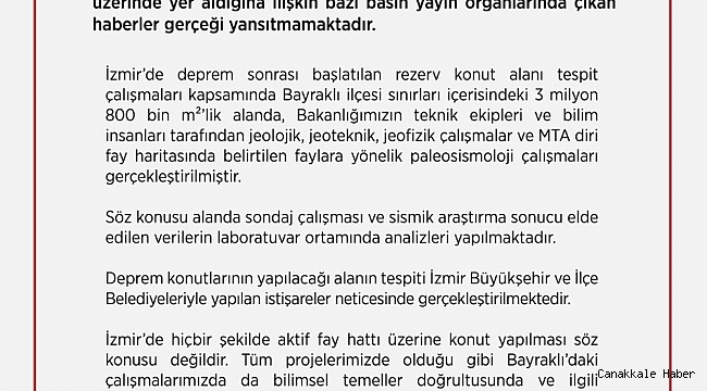 Çevre ve Şehircilik Bakanlığı: &quot;İzmir&#039;de hiçbir şekilde aktif fay hattı üzerine konut yapılması söz konusu değildir&quot;