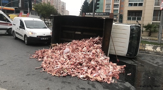 Freni tutmayan kemik yüklü kamyonet kendi kendine ilerleyip devrildi