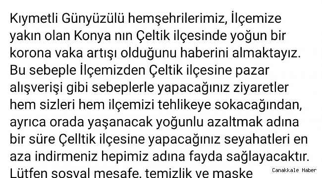 Günyüzü Kaymakamlığı, komşu ilçe Çeltik&#039;te artan vakalar için vatandaşları uyardı