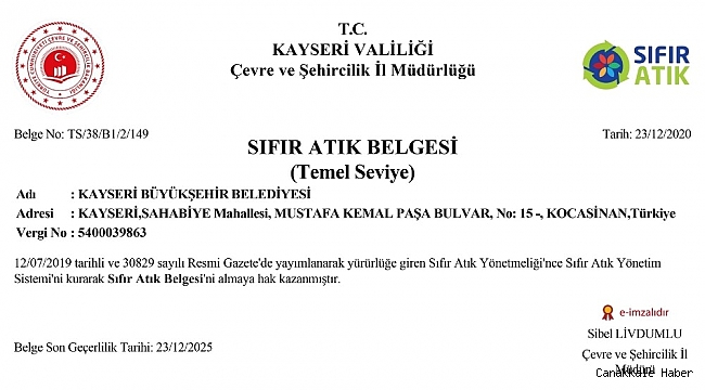 Kayseri Büyükşehir Belediyesi 'Sıfır Atık' belgesi aldı