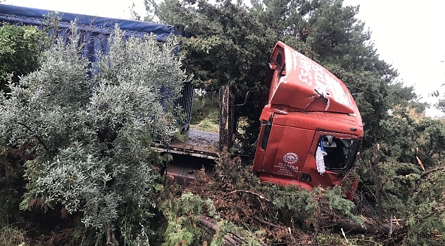 Kuşadası&#039;nda tır tarlaya uçtu