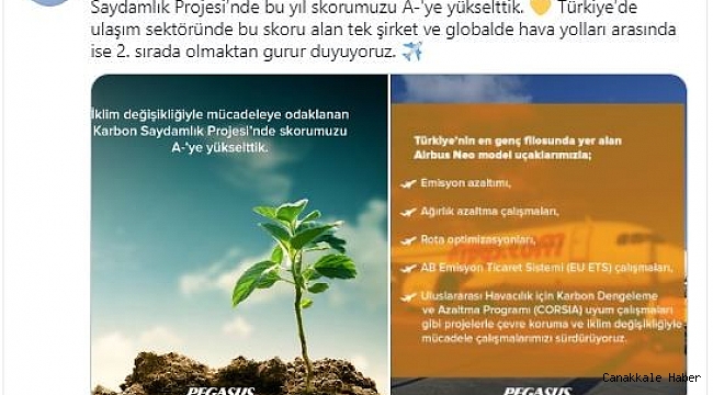 Pegasus, Karbon Saydamlık Projesi skorunu A-&#039;ye yükseltti