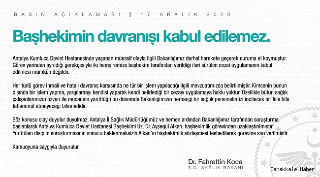 Sağlık Bakanı Koca: &quot;Başhekimin davranışı kabul edilemez&quot;