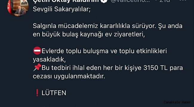 Sakarya'da evlerde toplu buluşma ve etkinliklere 3 bin 150 lira ceza kesilecek