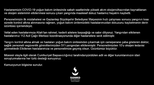 Sanko Üniversitesi Hastanesi&#039;nden başsağlığı mesajı