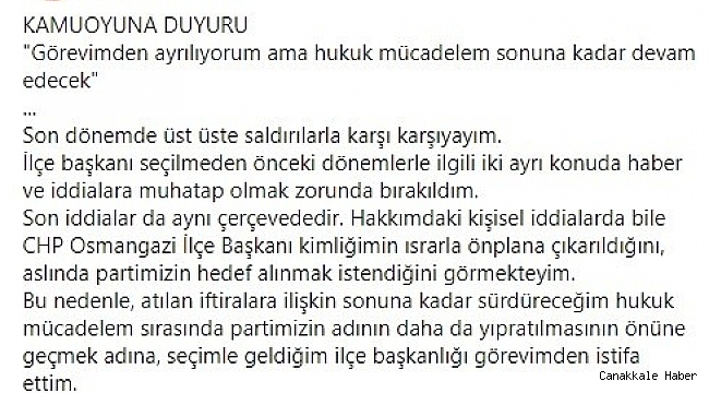 Taciz iddiaları ile gündeme gelen CHP Osmangazi İlçe Başkanı görevinden istifa etti