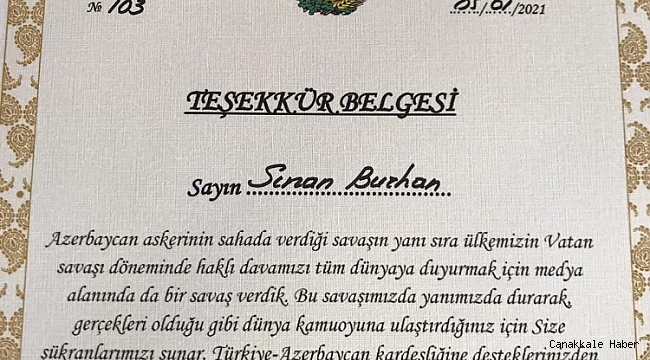 Azerbaycan&#039;dan Anadolu Yayıncılar Derneği ve gazetecilere teşekkür belgesi