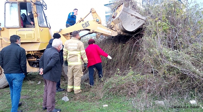 Çalılar arasından çıkamayan yavru köpeği itfaiye ekipleri dozerle çıkardı
