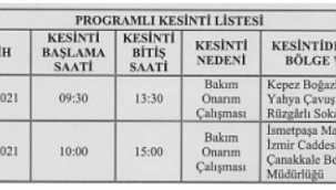 Elektrik kesintisi duyurusu