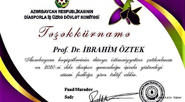 Prof. Dr. İbrahim Öztek'e Azerbaycan'dan "Teşekkürname"