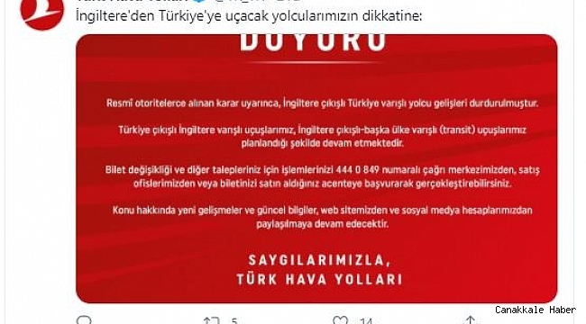 THY&#039;den İngiltere uçuşlarına ilişkin açıklama