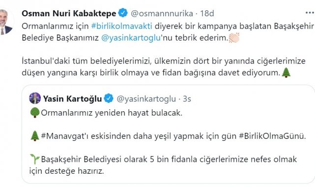 AK Parti İstanbul İl Başkanı Kabaktepe&#039;den orman yangınlarına karşı anlamlı çağrı