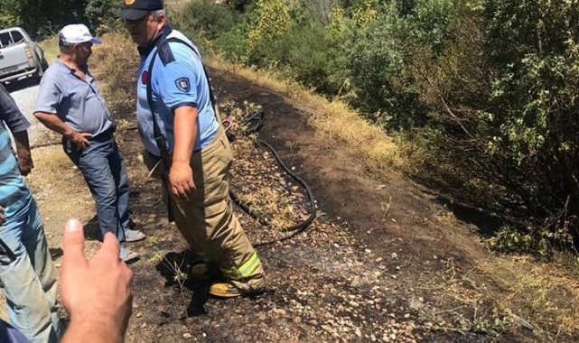 Yol kenarındaki yangını söndürmeye onlarca vatandaş koştu