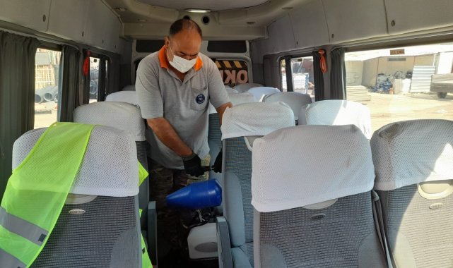 Kemer&#039;de okul servislerine dezenfekte çalışması