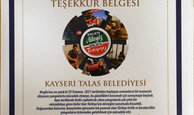 Muğla Belediyesi&#039;nden Talas&#039;a &#039;yangına müdahale&#039; teşekkürü